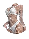 Fstrend Rhinestone Mesh Dress Sparkly Crystal Fishnet Skirt Summer Beach Rave Festival Outfit for Women (White-Dress-Long sleeves-Round neck)