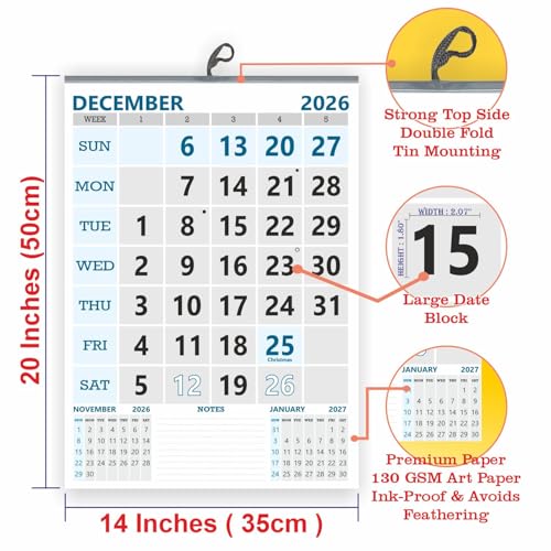 Image of English Wall Calendar 2026, 14x20 inch 12 sheets of monthly wall calendar 2026, 130 GSM Art Paper, art paper with glossy look and feel with oil print