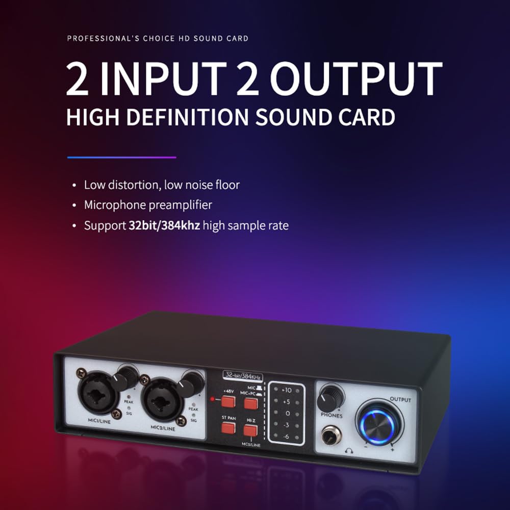 Btuty Interfaz de audio de 4 canales Tarjeta de sonido de grabación con controlador Interfaz de audio gratuita Tarjeta de sonido USB 2 entradas y 2 salidas Alimentación fantasma 24 bit/192 kHz 48 V