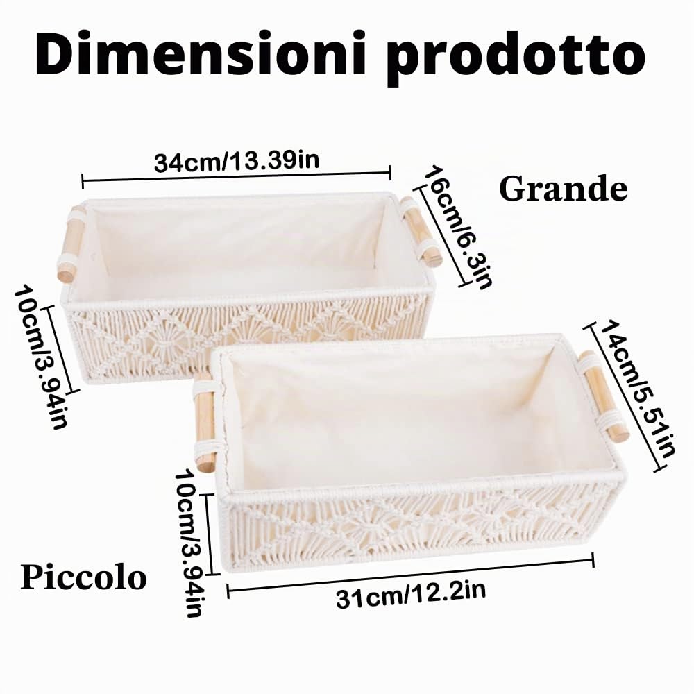 2 cesti in macramè con manici in legno, decorazione per il bagno bohémien, per scaffali, piani di lavoro fatti a mano, per la camera da letto