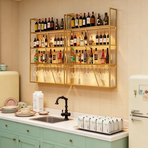 Casier à vin mural LED doré 80cm avec support de verres suspendus