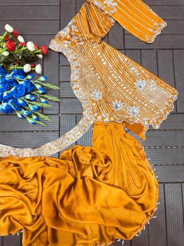 Image of indo Western Crep Silk Lehenga Set with Fully Stitched Blouse and Embroidered Koti Jacket for Women Lehenga Choli Musterd