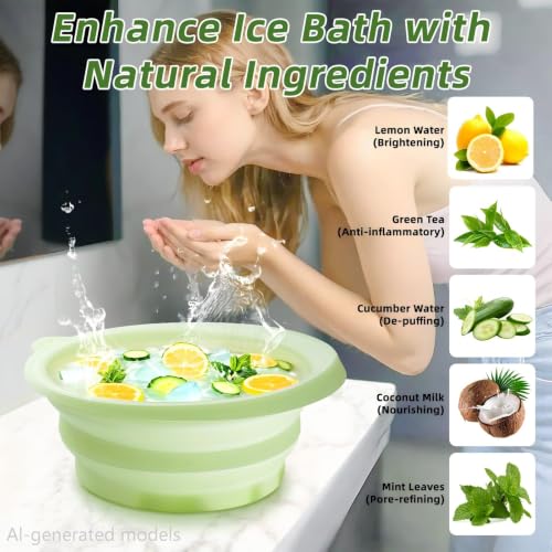 Image of coobest Face Bowl for Ice with Built-in Icetray, Silicone Ice Facial Folding Washbasin, Facial Plunge Bowl, Face Icebath at Home (Green)