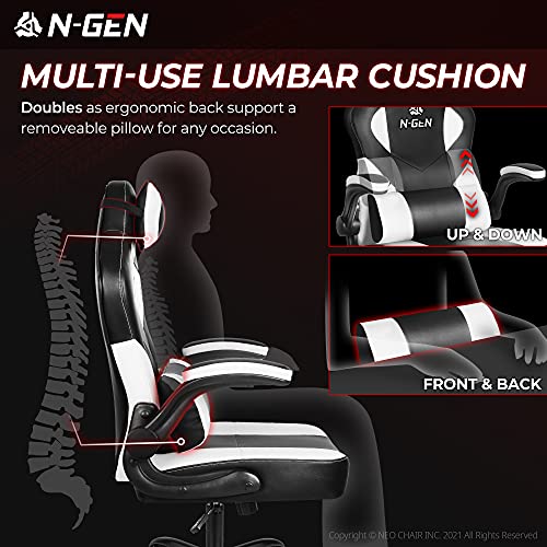 Image of N-GEN Gaming Chair Ergonomic Office Chair PC Desk Chair with Lumbar Support Flip Up Arms Levelled Seat Style Headrest PU Leather Executive High Back Computer Chair for Adults Women Men (4. White)