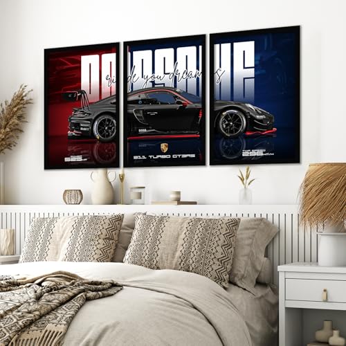 Image of ARTELLY Big Porsche 911 GT3rs Sports Car Framed Wall Posters, Set of 3, Premium Framed Painting, Living Room Bedroom Decoration, Large Size Gift Item for Boys Room Decor (Porsche 4, 13x19 inch)