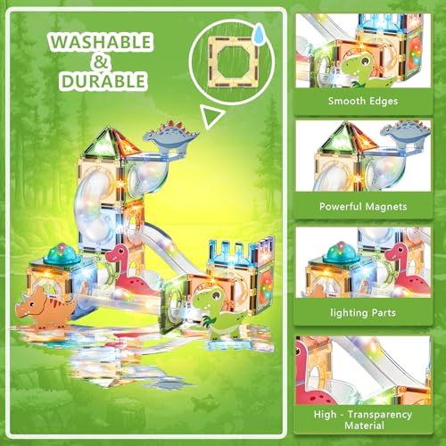 Magnetic Tiles Marble Run STEM Building Set 3D Educational Construction Kit Learning Stem Sensory Stacking Toys Birthdays Gifts Classrooms Game for Kids Ages 3-8 (64Pcs Dinosaur Theme) - Image 7