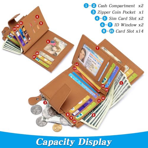 Small Wallet for Women RFID Blocking Bifold Leather Wallet Compact Card Holder with Zipper Coin Pocket & 4 ID Windows,Brown2
