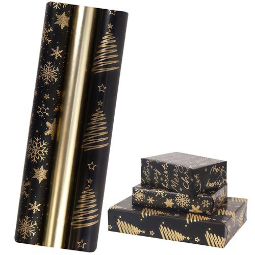 43cm×3m Christmas Wrapping Paper Rolls,3 Roll Package Christ-mas Wrapping Paper Gift Wrap Xmas Party with Snow Christmas Tree Black Gold Kraft Roll for Xmas Party Gift Wrap Decor