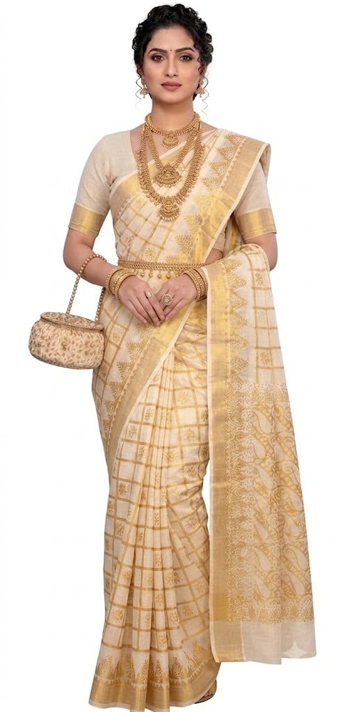 Kerala Style Traditional Kasavu Cotton Printed Kasavu Saree, Light Brown with Gold Border, 6.3 Meters-picture-31