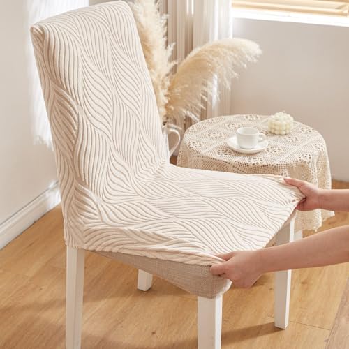 Image of HOMETHREADS Elastic Jacquard Chair Cover - Stretchable, Removable & Washable Short Dining Chair Slipcover | Durable Seat Protector for Kitchen, Dining Room & Banquet Chairs (Cream, Pack of 8)