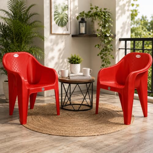 Image of Plastic Arm Chair for Home, Garden, Office, Living Room, Cafeteria Plastic Outdoor Chair | 1 Year Warranty | Color - Red | Set of 6