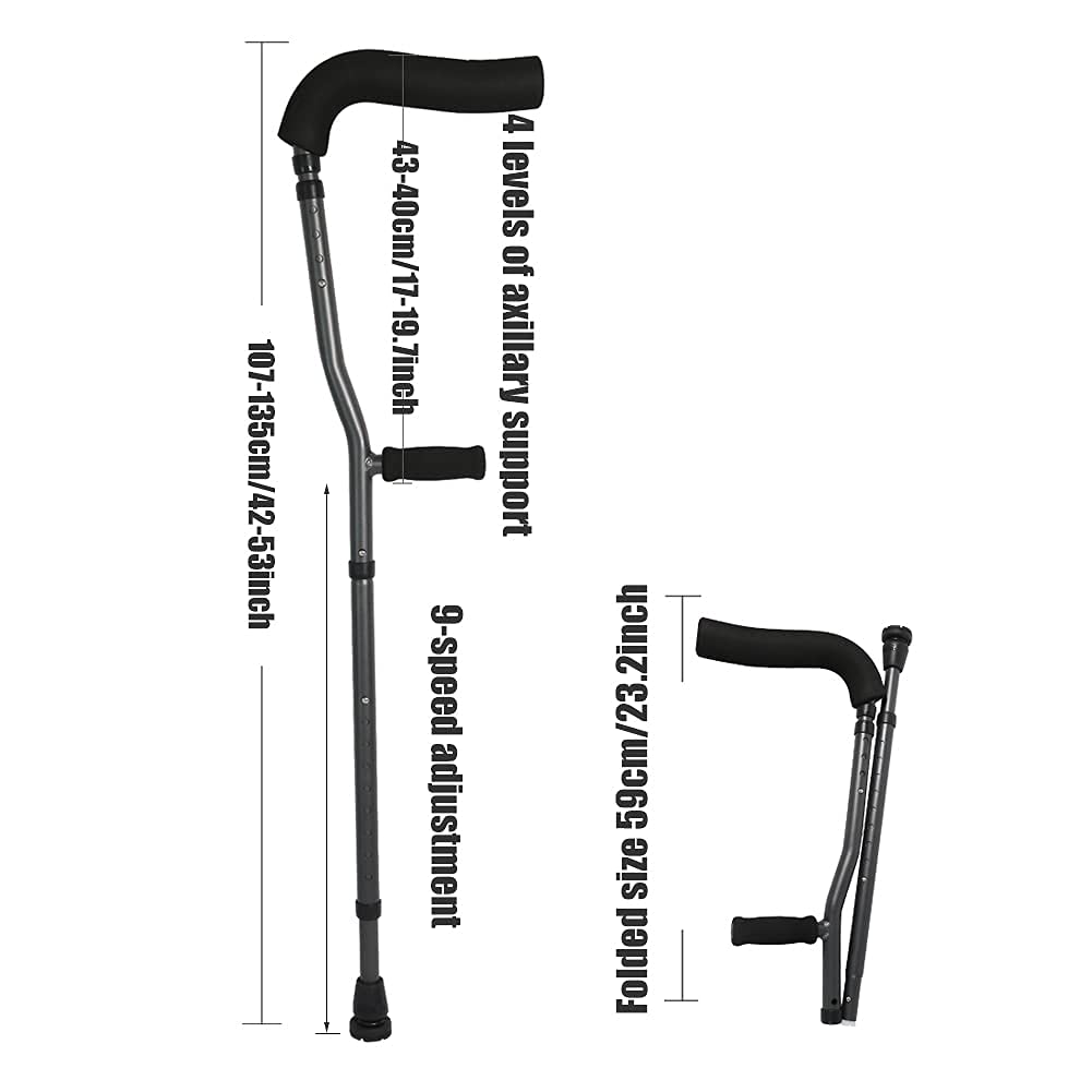 Muleta ergonómica para axilas, diseño plegable para adultos y niños, soporte de brazo, altura ajustable, soporta hasta 285 libras