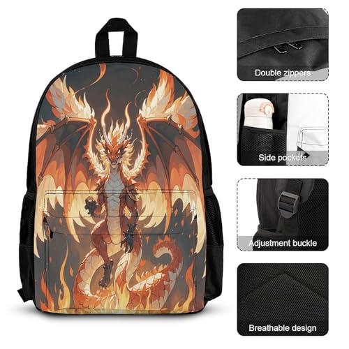 3-in-1 Backpack Combination Set Flaming Dragon Print 3Pcs Backpack Sets Travel Daypack with Lunch Bag And Cosmetic Bag3