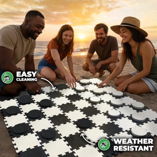 Image of Swooc Games - 2-in-1 Premium Giant Checkers & Tic Tac Toe Game (4ft x 4ft) - 100% High Density EVA Foam Mat & Pieces - Extra Large Checkers Set with Jumbo Checkerboard and Yard Size Tic Tac Toss