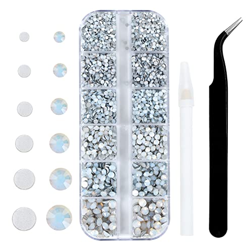 4240Pcs Flatback White Opal Rhinestones Glass Crystal Gemstones for Nail Art Face Makeup Glitter Round with Tweezers and Picking Pen (SS6~SS20 Set)