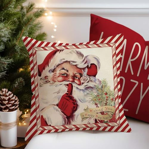 Herhome HP-090-18 Christmas Pillow Covers 18X18 Inch Vintage Santa Claus Candy Cane Christmas Decorations Outdoor Retro Xmas Winter Holiday Decorative Throw Pillow Case thumb #3