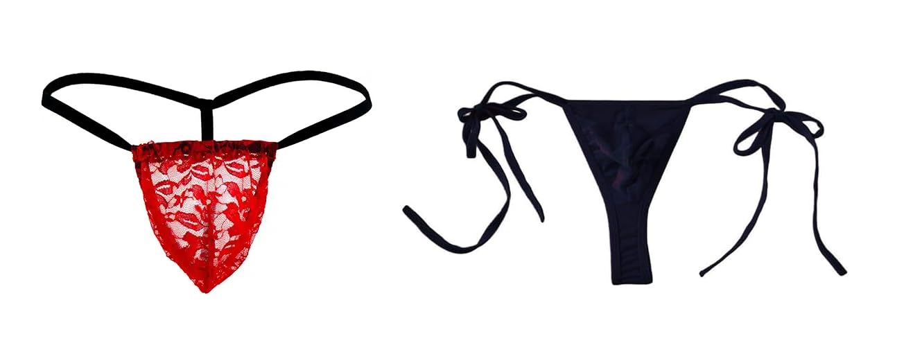 nimra fashion Men's Thongs Sexy Low Rise G-String Briefs Lace G-String Thongs, Black and Red, 2-Pack Regular Fit-picture-46