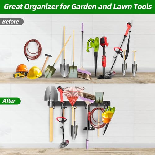 Image of PIYILO Garage Tool Organizer Wall Mount with 48 inches Rails and 6 Double-layer Hooks, Garden Tool Rack Heavy Duty, Garage Hanging Storage Rack For Yard Tools, Shovel, Shed