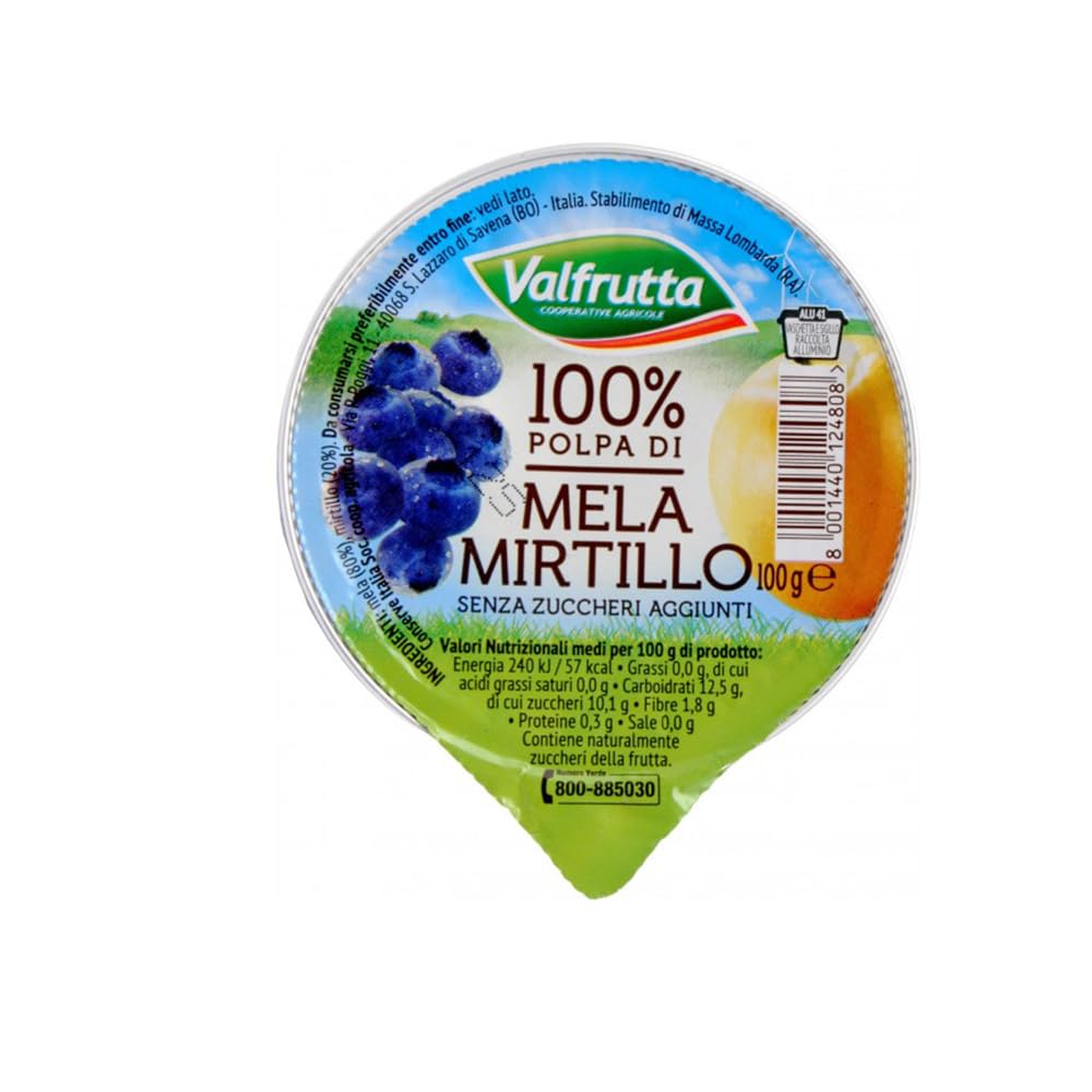 Valfrutta Polpa di Mela e Mirtillo, 100% Frutta, Senza Zuccheri Aggiunti, Confezione da 100g, Set 24 Vaschette