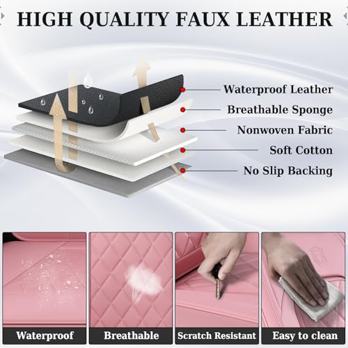 Image of Coverado Car Seat Covers Full Set, Pink Leather Seat Covers for Cars, Universal Waterproof Car Seat Cover, Luxury Front and Back Car Seat Protector, Automotive Seat Covers Fit for Most Cars, Pink
