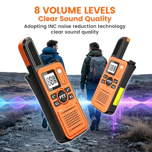 Image of Super Mini Walkie Talkies with Earpiece, Portable 2 Way Radios | Clear Audio, LED Display, 22 Channels, 2KM Range, Walkie Talkies for Cruise Ship, Hiking, Travel, Outdoor, Baseball, Orange