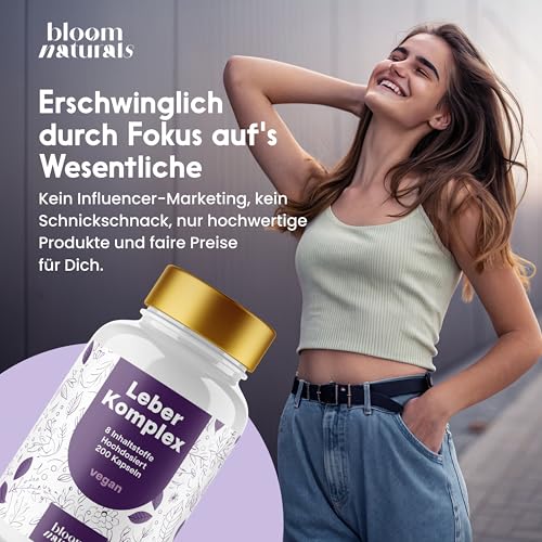 Leber Komplex mit Mariendistel, Artischocke, Löwenzahn, Cholin, Folsäure & Vitamin B12 – 200 vegane Kapseln – produziert in Deutschland – Laborgeprüft