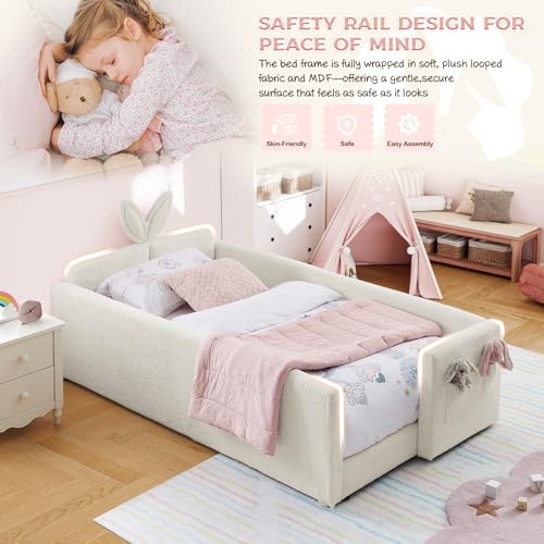Image of Twin Size Bed Frame for Kids, Upholstered Daybed Frame Floor Bed with Safety Rails and Storage Pocket Cute Rabbit Ear Shaped Headboard for Kids Teens Boys Girls, Beige