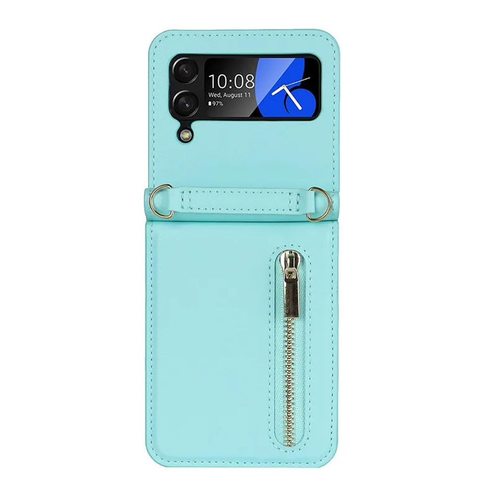 para Samsung Galaxy Z Flip 6 4 5 Z Flip 3 Funda de Lujo con Ranura para Tarjetas, Soporte para teléfono, Billetera con Cremallera, Funda Tipo Bandolera, Funda Plegable, Azul, para Z Flip 3