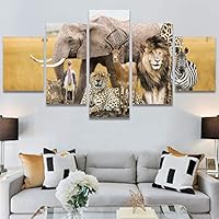 SIGNWIN 5 Panel Canvas Wall Art Modern Art Animals Dramatic Giraffe Lion Multicolor Photography Southwest for Home Decorations Ready to Hang - 60