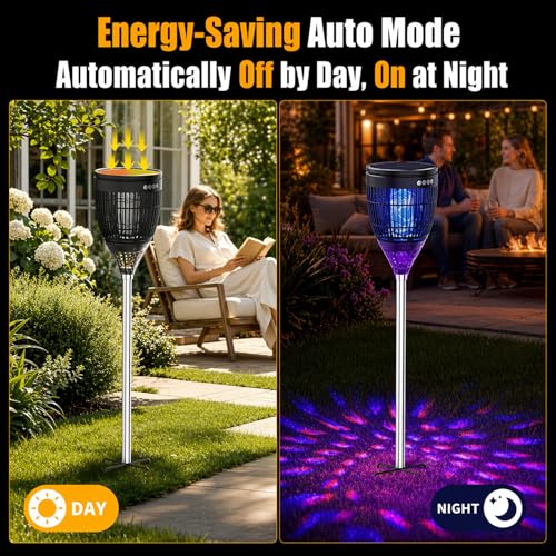 Image of Rossetta Solar Bug Zapper Outdoor, Fly Zapper with Flame & Projector Light | 4200V Shock Grid, Solar & USB Charging, IPX5 Waterproof, Auto Mode, Cordless Electric Mosquito Killer for Patio, Garden