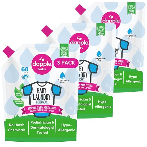 Image of Dapple Baby Laundry Detergent, Powered by Plants, Concentrated, Hypoallergenic, Fragrance Free, Eco-Friendly Pouch, Stain Remover, 34 Fl Oz (3 Pack)