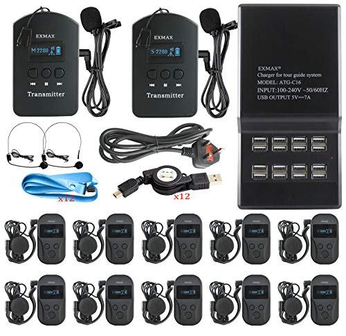 EXMAX EXD-101 Sistema de guía turística inalámbrico 2.4G con 9999 canales y 2 transmisores, 10 receptores, estación de carga de 16 puertos miniatura 1