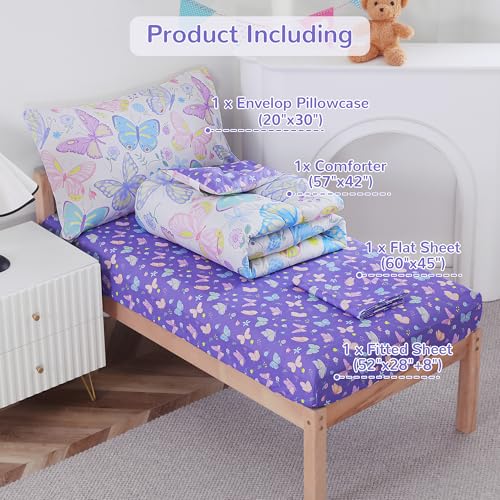 Image of Viviland Toddler Comforter Sets, 4 Pieces Bedding Sets, Colorful Butterfly | Microfiber Colorful Bed Set, Girls, Breathable & Soft, Comforter, Bed Sheet, Fitted Sheet and Pillowcase, Machine Washable
