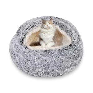 Round Dog & Cat Cave Bed with Hooded Cover, Pet Bed Hooded Plush Dog Bed Cave, Faux Fur Cuddler Comfortable Self Warming Pet Bed, Removable Washable Soft Plush Burrowing Donut Bed for Puppy & Kitty