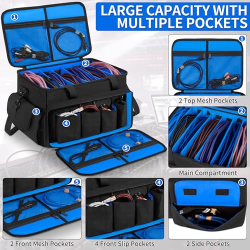 Image of IBVIVIC Cable File Bag With Adjustable Dividers Dj Gig Bag for Cables, Cords,DJ Gear,Sound Instrument and Accessories 16L x 11W x 12H inch, Blue