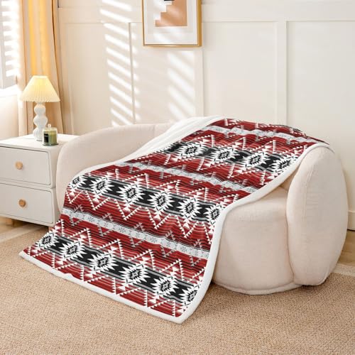 Feelyou Western Sherpa Blanket Plush Fuzzy Southwestern Aztec Fleece Throw Blanket Boys Girls Geometric Vintage for Bed Couch Chair Living Room Boho Tribal Rustic Red Grey Black Baby 30"x40"