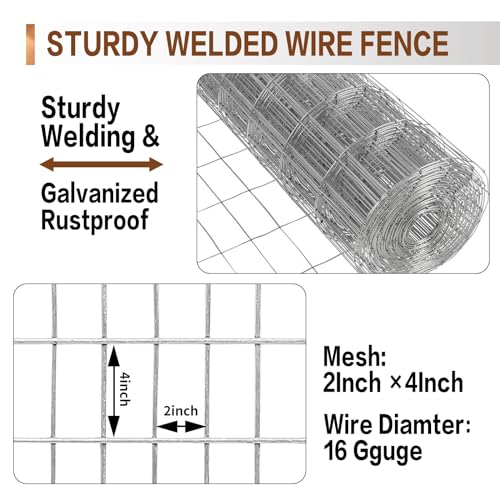 Tongmo 3 ft x 100 ft Galvanized Welded Wire Fence, 16GA Garden Chicken Wire Fence Roll, Mesh Size 2\" x 4\"Hardware Cloth, Ideal for Yard Protection and Poultry Netting