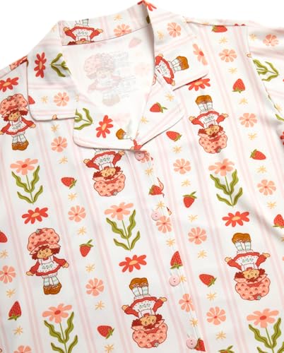 Image of COCO BRANDS Strawberry Shortcake Womens Pajama Sets - 2 Piece Soft Stretch Button Down Sleep Shirt and Pajama Pants