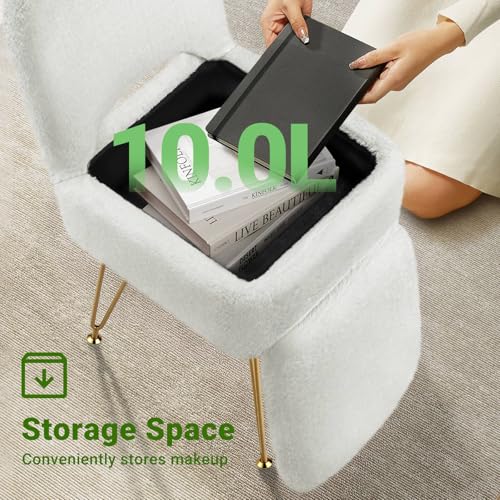 Greenstell Vanity Stool Chair with Storage and Folding Back, 13.4" L x15 W x 30.0" H Square Soft Ottoman, 4 Metal Legs with Anti-Slip Feet, Furry Padded Seat for Makeup, Bedroom, White by GREENSTELL - Image 3