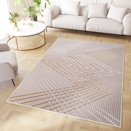 TAPISO Crystal Alfombra de Pelo Corto Brillante Suave Diseño Moderno Beige Dorado Crema Abstracto Zigzag Efecto 3D Alfombra de Salón Habitación Dormitorio Oeko-Tex 80 x 150 cm