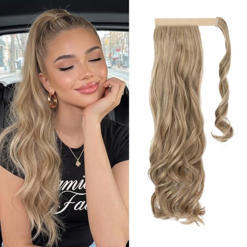 CJL HAIR 22" Long Ponytail Hair Extension Wrap Around Pony Tail Clip in Curly Wavy Synthetic Fake Hairpiece for Women Sand