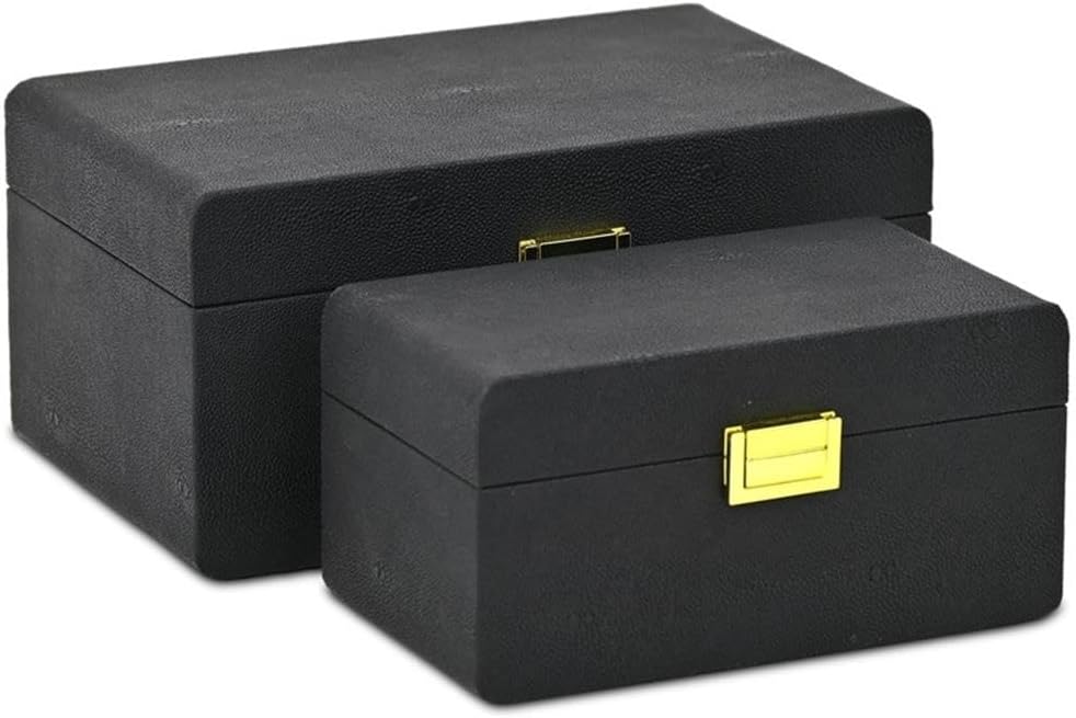 Pemberly Row Rounded Shagreen Vinyl Storage Boxes, Black Faux Shagreen Finish with Gold Handles, Set of 2, Nesting Design with Hinged Lids, Modern Organizer for Living Room, Bedroom, or Office Decor