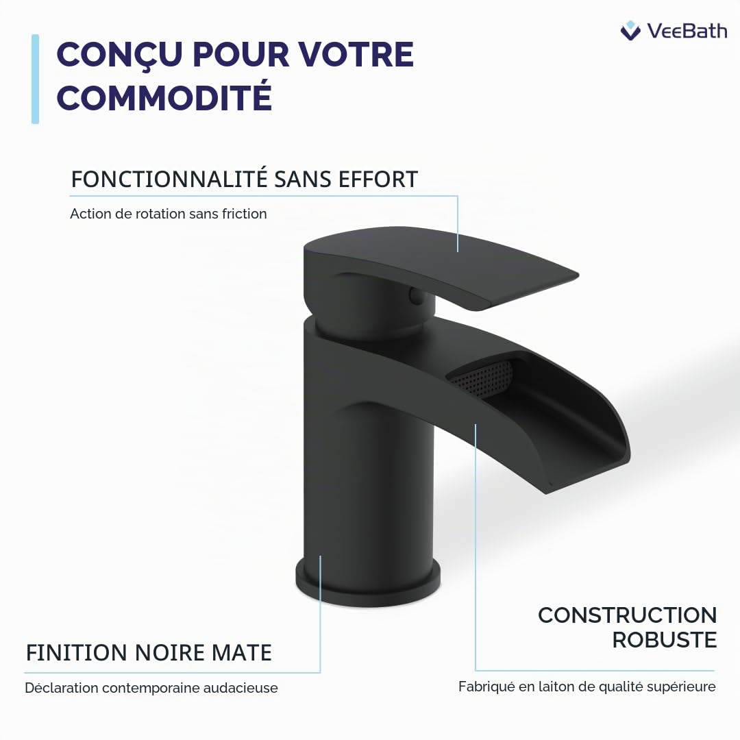VeeBath Stream Robinet mitigeur de lavabo rond cascade mono, finition noire mate, levier unique, robinet d'évier moderne avec bonde de vidage, robinet de salle de bain monté sur le plateau, design