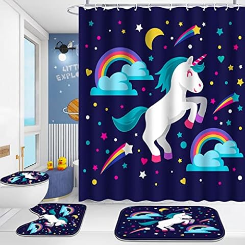 Poedist 4 Pcs Bathroom Shower Curtain Set,Kid's Bathroom Set,Shower Curtain Sets with Rugs(Bath Mat,U Shape and Toilet Lid Cover Mat) and 12 Hooks,Pony Cover