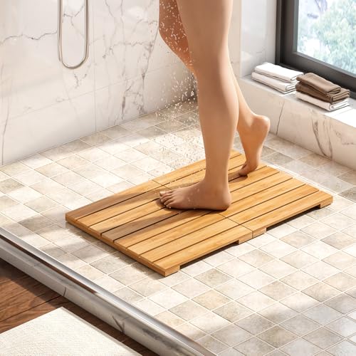 Waterproof Bamboo Bath Mat for Shower, Wooden Floor Mat for Bathroom, Foldable | Non-Slip | Heavy Duty, Shower Mat for Indoor Outdoor, 23.54in x 15.63in by viewcare - Image 3