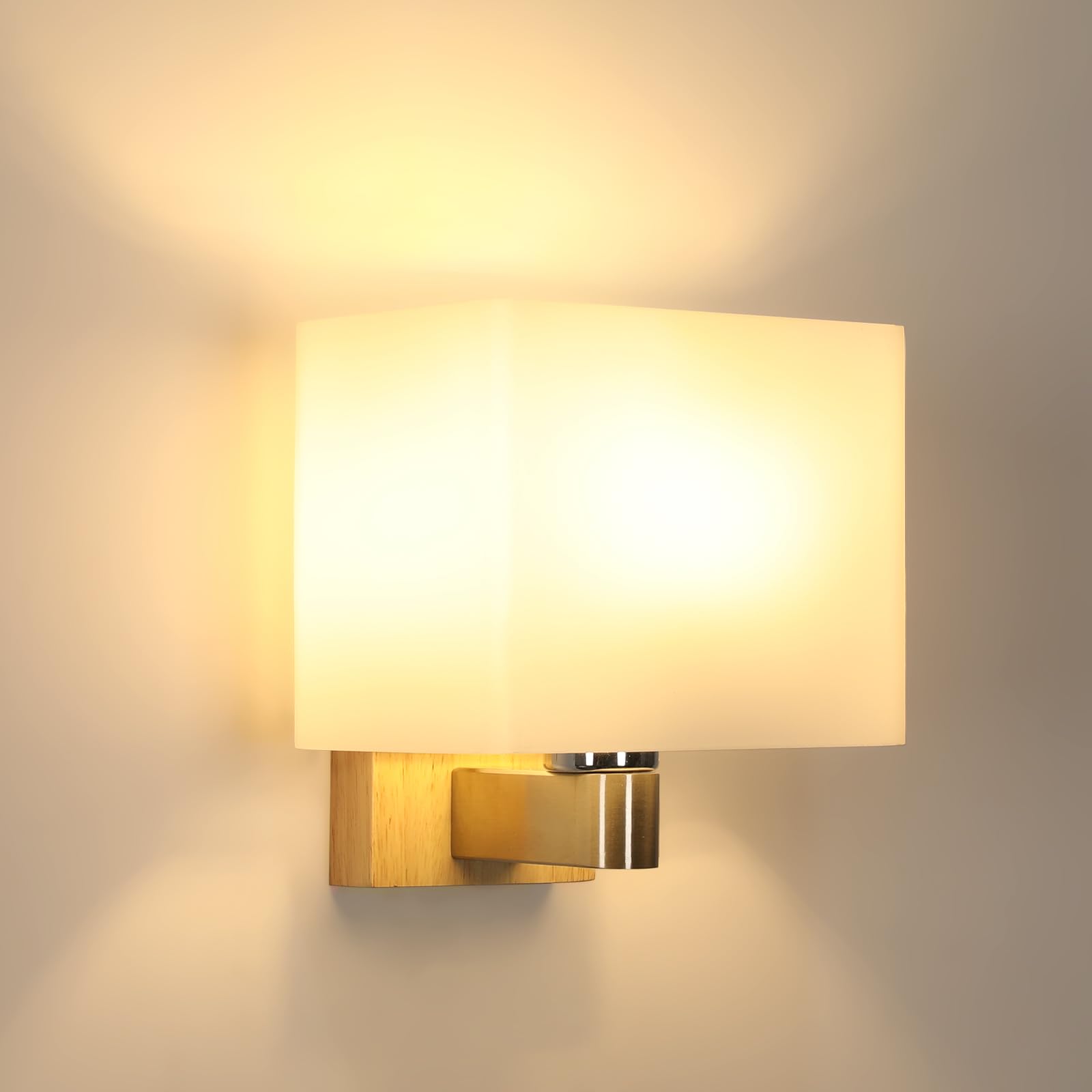 Holz Wandleuchte Innen E27, Moderne Wandlampe Holz mit Quadrat Glas Lampenschirm, Up Down Wandbeleuchtung Innen mit E27 Fassung für Schlafzimmer, Flur, Wohnzimmer, Treppen (Ohne Glühbirne)