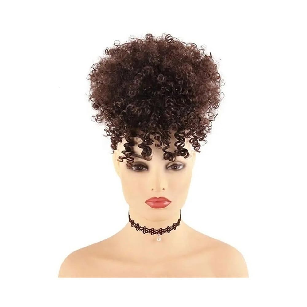Coda di cavallo sintetica corta e riccia con coulisse e frangia, fermaglio for capelli afro con chignon alto e voluminoso(4)