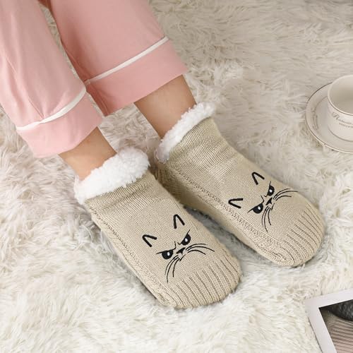 Image of ZYZX Cute Cat Slipper Socks for Women with Grips,Fuzzy Socks Indoor