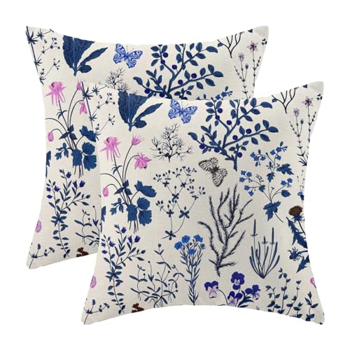 Image of AEIOAE Summer Pillow Covers 20x20 Inch Set of 2,Navy Blue Wild Flower Plant Throw Pillows Case,Seasonal Floral Outdoor Decorative Square Linen Farmhouse Decor Cushion Covers for Home Sofa Bed Couch