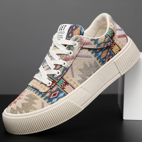 tazimall Men's Ethnic Pattern Lace-up Platform Sneakers, Casual Canvas Shoes2